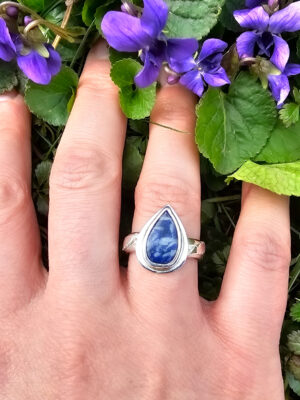Bague en argent sertie d'une sodalite avec des plumes sur le côté