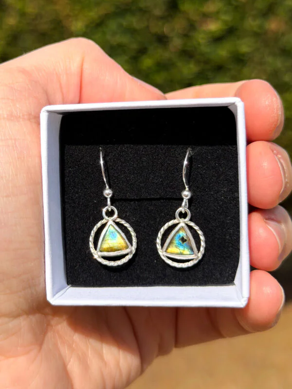 Boucles d'oreilles en argent torsadé serties de labradorites